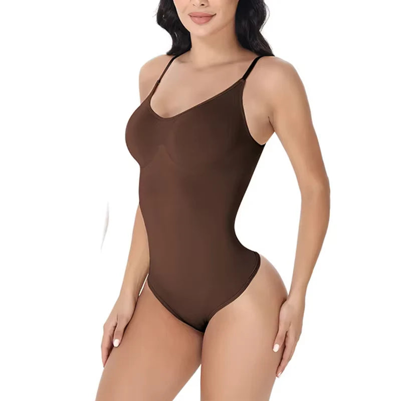 Ultimate V Neck Spaghetti Strap Bodysuit - Slimming Compression Shapewear with Open Crotch for a Flawless Figure